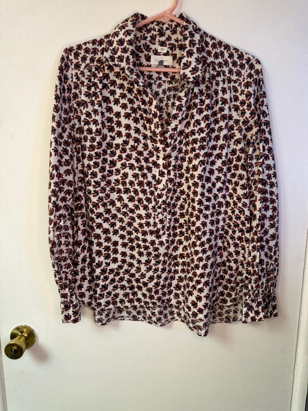 LOFT Cream Button-Up Blouse  Leaf Print